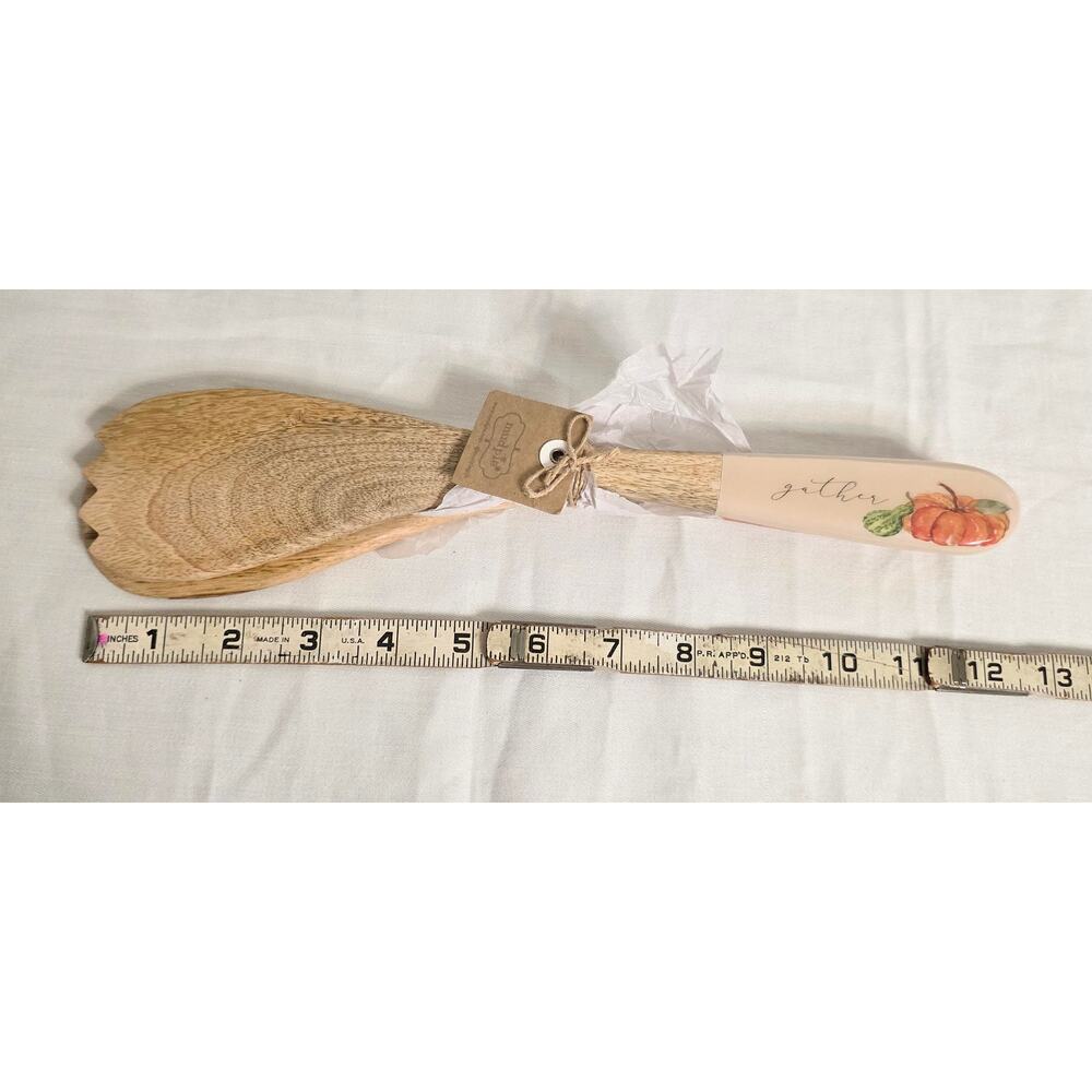 Mudpie Wooden Pumpkin Enamel Servers 12" Long New with Tags - Picture 5 of 5